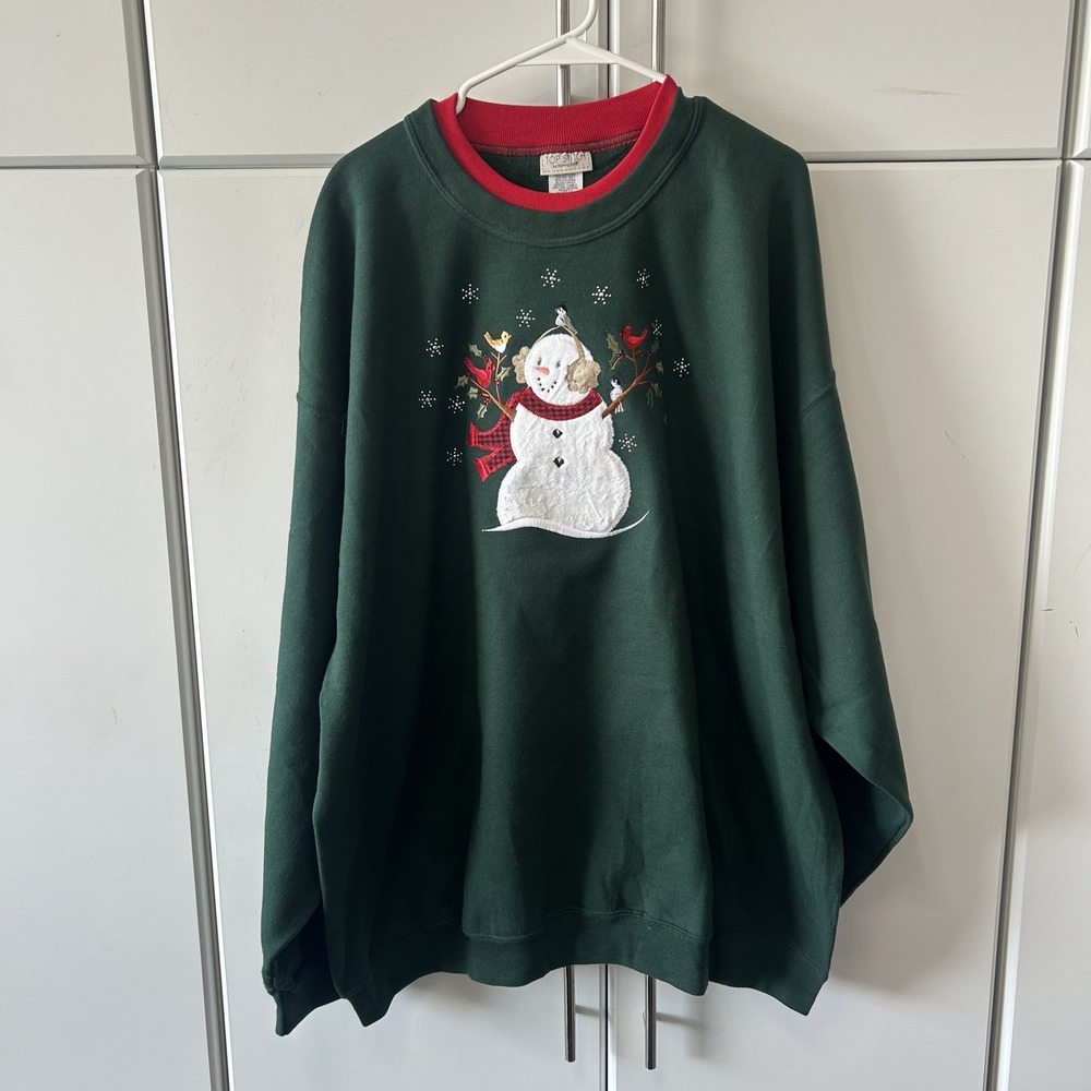 Top Stitch Morning Sun Vintage Snowman Sweatshirt Green Red Double Collar 3X